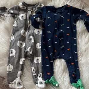 Carter's Gray Bear and Navy Dinosaur Footies - Gender Neutral - 6m Carters 3-6m